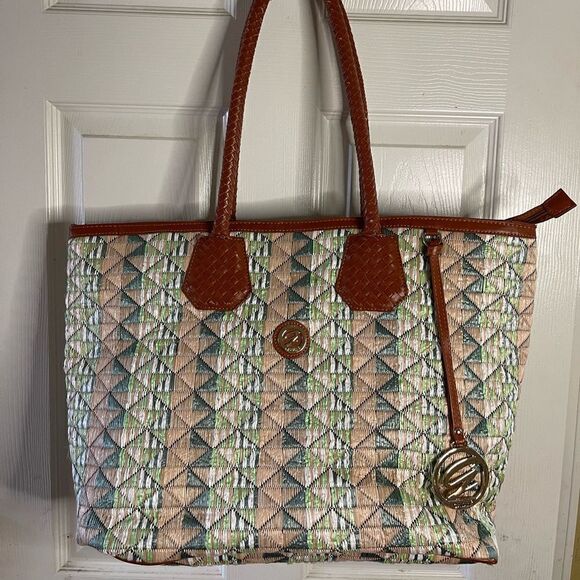 Galian NewYork PVC quilted large tote multi pastel color with brown trim - Picture 1 of 11